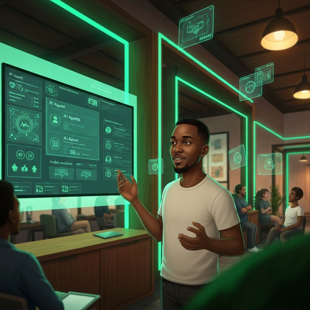 UNC Technologies team presenting AI agent workflows in a modern South African tech hub